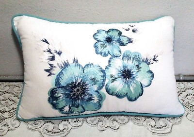 Blue Green and White Floral Embroidered Throw Pillow 10 x 17