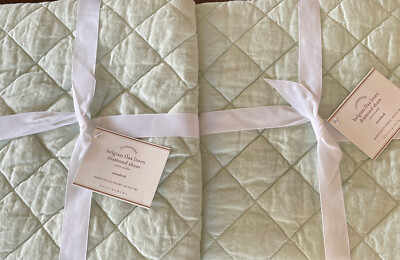 Pottery Barn BELGIAN FLAX LINEN Diamond 2 Standard Shams Quilted Mint Green NWT-image