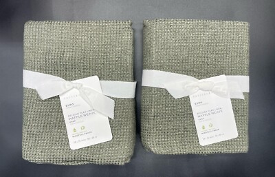 POTTERY BARN BELGIAN FLAX LINEN WAFFLE WEAVE SET OF 2 EURO SHAMS GREEN-image