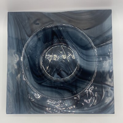 Artist Signed Art Glass Square Wave Bowl Stormcloud Gray 1992 11.5” x 12”-image