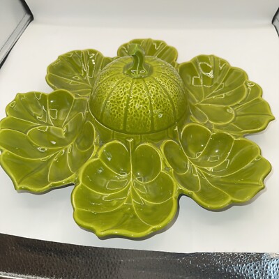 Vintage Green Pumpkin Snack & Dip Lazy Susan, Divided Leaf Platter MCM-image