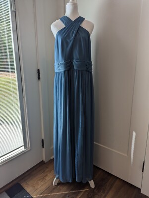 DB Studio Sz18 SteelBlue Chiffon Bridesmaid Dress Long Sleeveless Crisscross -image