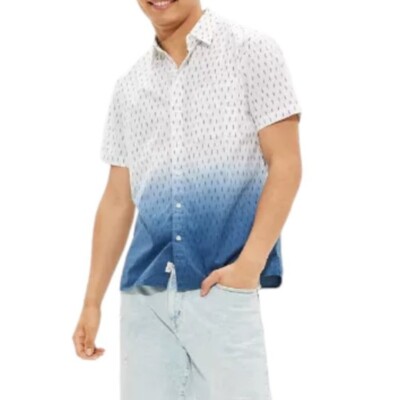 American Eagle Mens Size L Flex Dip-Dye Blue White Short Sleeve Button Up Shirt-image