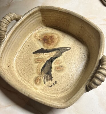 Art Pottery Sq Ceramic Bowl Vintage  Preowned Wheat Color With Black Design-image