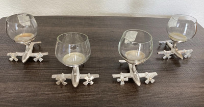Pottery Barn Metal Twin Prop Airplane Base Shot Glasses 3-1/2” Tall Lot Of 4 NWT-image