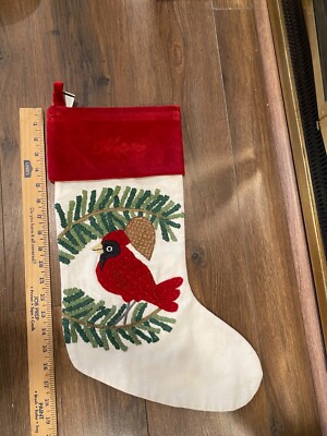 NWT Pottery Barn Crewel Embroidered CARDINAL Christmas Stocking no name-image