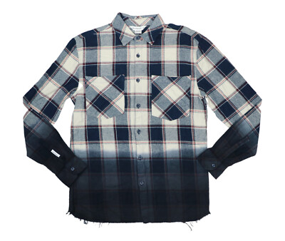 Eleven Paris Dip-Dye Distress Flannel Men's Button Down Shirt L NWT Navy Plaid-image