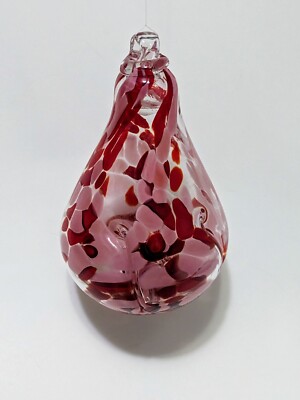 Glass Art Studio Hand Blown Ruby Pink & White Ornament Teardrop 6