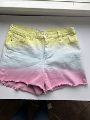 Judy Blue Large Cut Off  Denim Shorts Dip Dye Ombre Yellow Blue Pink  Frayed-image