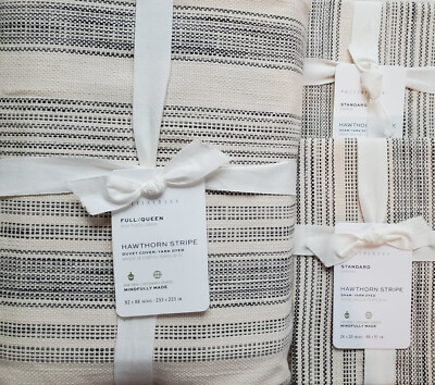 POTTERY BARN Hawthorn Stripe  FL/QN Duvet & 2 STANDARD Shams NEW ~ CHARCOAL GRAY-image