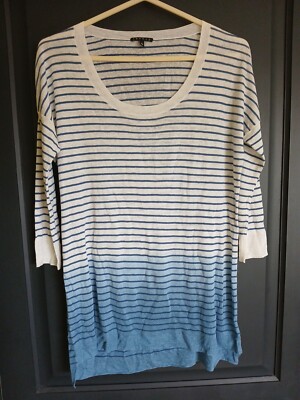 Theory Ombre Dip Dye T Shirt Top 3/4 Sleeves White Blue Stripes Nautical Large -image