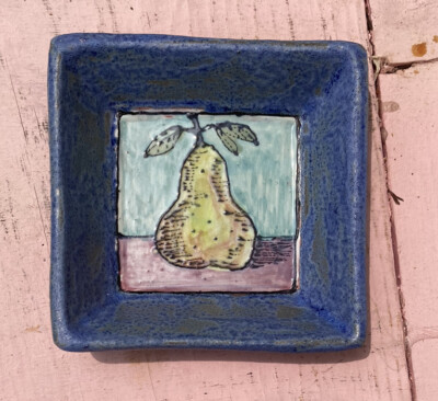 Lynne Norwood Lofton Studio Pottery Pear Square Dish 4.5x4.5 Cleveland Ohio-image