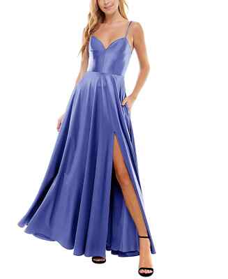 CITY STUDIOS Satin Gown Juniors Size 3 Periwinkle Blue Side Slit Pockets FLAWS-image