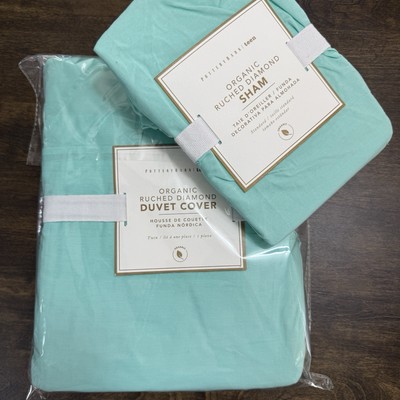 POTTERY BARN TEEN 2 PC ORGANIC RUCHED DIAMOND TWIN DUVET COVER & SHAM SET ~ TEAL-image
