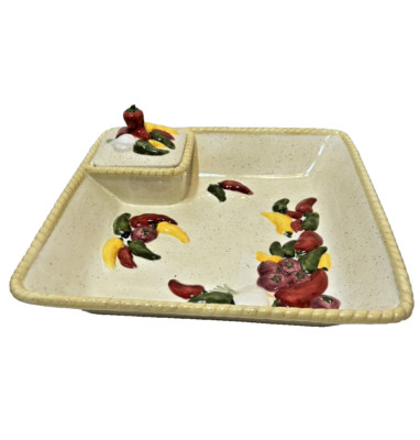 Vintage Elements Large Chip and Dip Square 3D Chili Pepper Serving Bowl 13.5 x 3-image