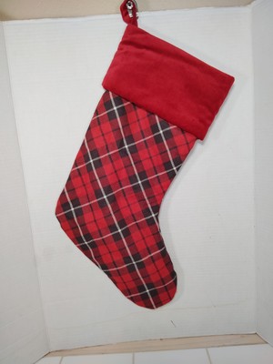Pottery Barn Red Plaid Christmas Stocking Velvet Cuff Cotton Linen Blend-image
