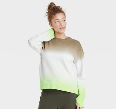 Women's Crew Neck Sweatshirt Thumbholes Olive Mint Dip Dye - All In Motion, XXL-image