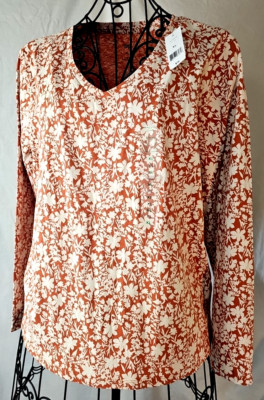 Dip Women's Orange w/ White Floral Long Sleeve T-Shirt Size XL 100% Cotton Knit-image