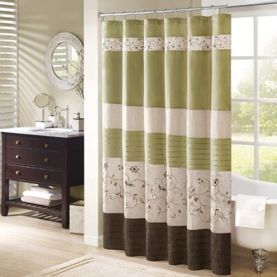 Madison Park Serene Shower Curtain 72x72 Green Floral Faux Silk Embroidered BED1-image