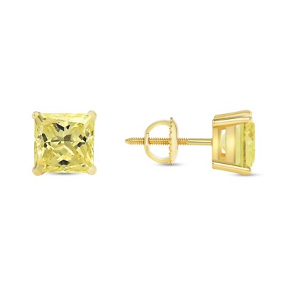 4 Ct Princess Cut Canary Earrings Studs Solid 14K Yellow Gold Screw Back Basket-image