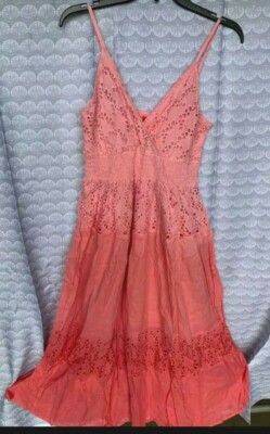 Women Ombre Dip Dye Coral Eyelet Lace Dress L vneck summer sale-image