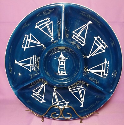 RARE Large Eddie Bauer Chip and Dip Platter with Sailboats and Lighthouse motif-image