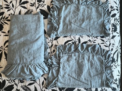 Pottery Barn Belgian Flax Linen Full Queen Duvet + Shams Chambray Blue-image