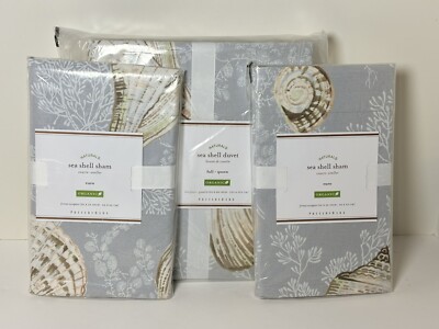 Pottery Barn Summer Sea Shell Full Queen Duvet Cover + Euro Shams Set Organic-image