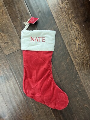 NWT Pottery Barn Classic Medium Red Ivory Velvet Christmas Stocking Mono Nate-image