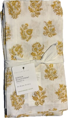 NEW Pottery Barn Set 4 Sophia Floral Block Print Cloth Cotton Napkins Yellow NWT-image