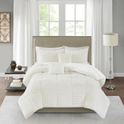 Madison Park 5 piece polar faux fur ivory queen comforter bedspread bed bag Duke-image