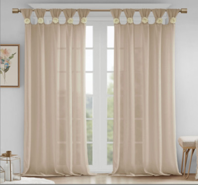 2 Madison Park Rosette Floral  84-Inch Twist Tab Window Curtain Panel in Linen-image
