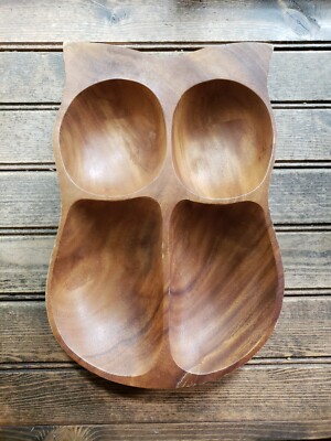 Vtg Large Wood Chip & Dip Bowl Platter Owl Pod Phillipines Tiki Hawaii 12x8