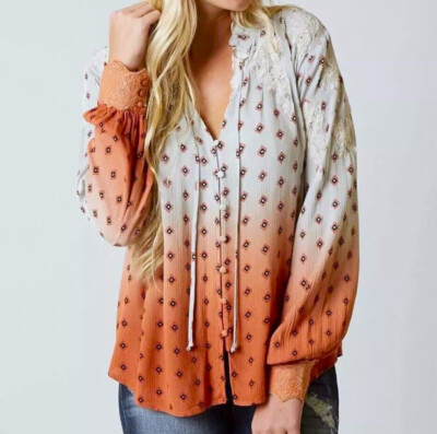 Ombre Dip-Dye Gray Orange folk blouse Rayon & Lace Gimmicks BKE Large-image