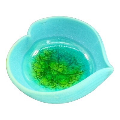 Hand Crafted Studio Pottery Crystalline Blue Heart Shaped Small Dish Bowl Green-image