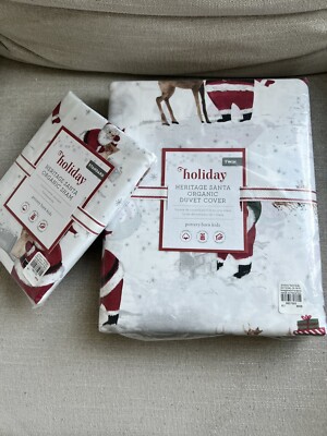 NEW Pottery Barn KIDS Organic Holiday Heritage Santa Christmas TWIN Duvet Cover-image