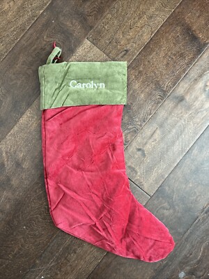 New Pottery Barn Classic Medium Red Green Velvet Christmas Stocking Mono Carolyn-image