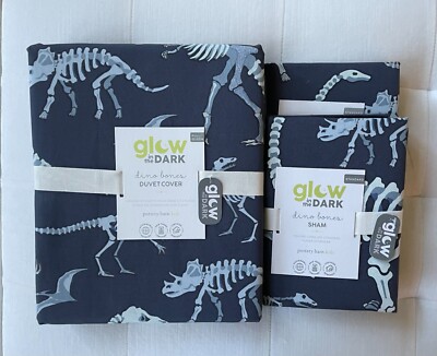 Pottery Barn Kids ORGANIC DINO BONES GLOW in the DARK Duvet Full Queen & Shams-image