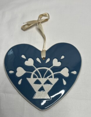 Studio Pottery Blue Heart Shaped Ornament Folk Art Pattern Glazed Tile Hanging-image