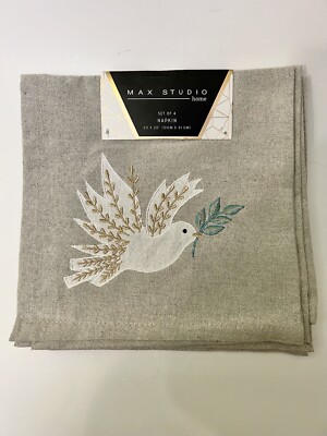 Set Of 4 Max Studio Napkins White Dove Olive Branch Embroidery 20”x20” NWT-image
