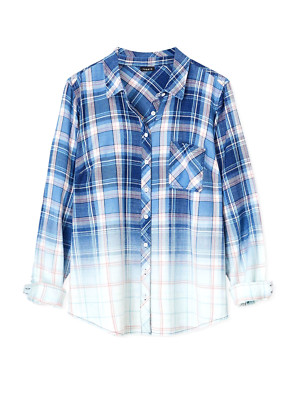 Torrid Blue & Pink Plaid Bleach Dip Button Front Shirt Size 0 12 Large NWT-image