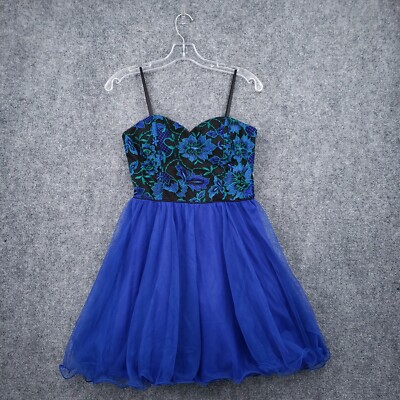 City Studio Dress Juniors 5 Blue Mini Sweetheart Black Embroidered Floral Tulle-image