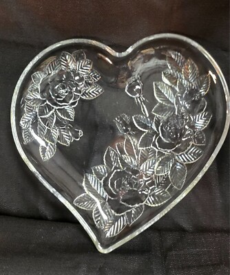 Heart Shaped Etched Crystal Glass Heart Tray—Winter Rose—Studio Nova 10.5” x 11