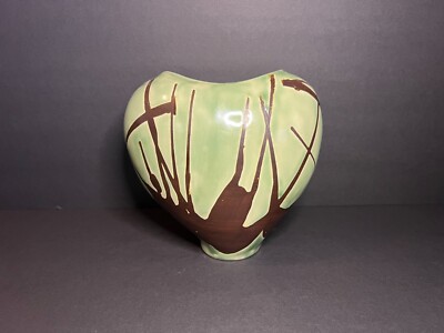 Unique Studio Art Deco Pottery Green & Brown Heart Shaped Vase 7 x 7.25
