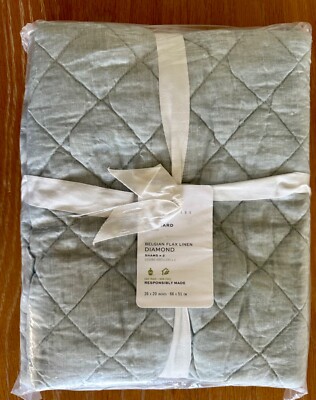 Set/2 Pottery Barn Belgian Flax Linen Diamond Quilted Standard Sham Mineral Blue-image