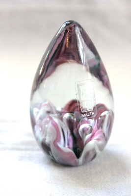 Signed Midina Studio Art Glass Paperweight pink Swirl Design Egg Shaped-image