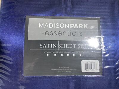 Satin Bed Sheet Set FULL Size Blue Madison Park Essential Wrinkle-Free 6 pc NEW-image