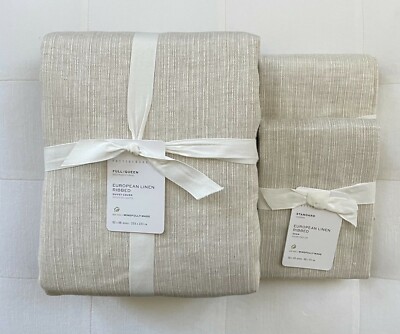 Pottery Barn EUROPEAN RIBBED LINEN Duvet Full/Queen & Two Standard Sham Flax NWT-image