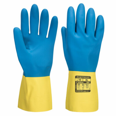 PORTWEST DOUBLE DIPPED LATEX GAUNTLET GLOVE COTTON/LATEX SIZES S-XL YELLOW/BLUE-image