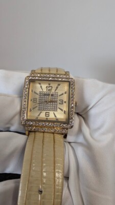 Studio Time Square Gold-Tone Watch w/ Crystals & Cream Strap - Japan Movmentt-image